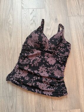 Lands' End Black & Mauve Floral Ruched Tankini Top Size 10 | Tummy Control